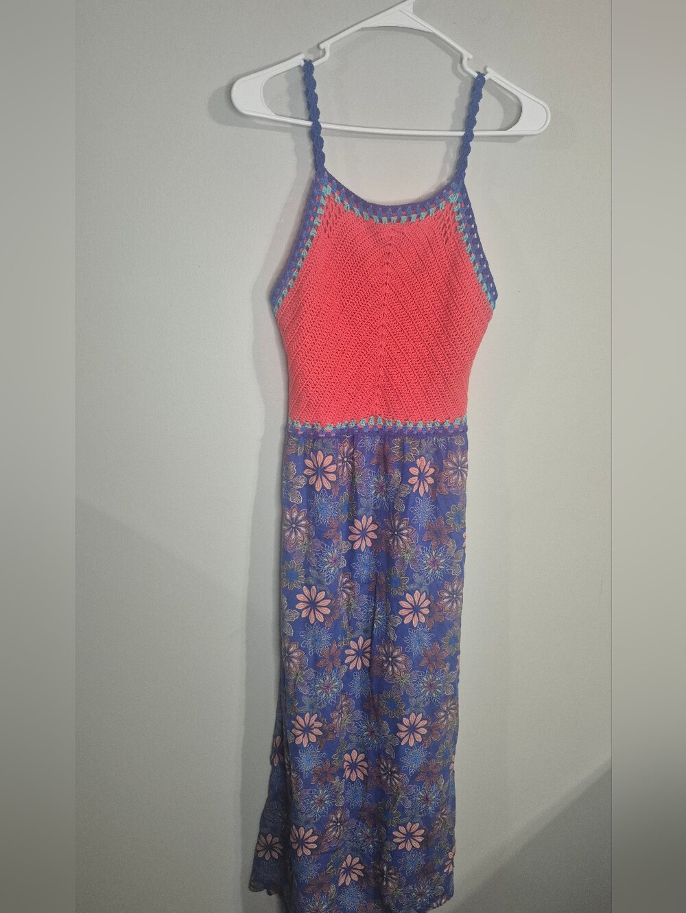 Crochet Bodice Floral Maxi Dress - Coral & Purple Womens Size XL